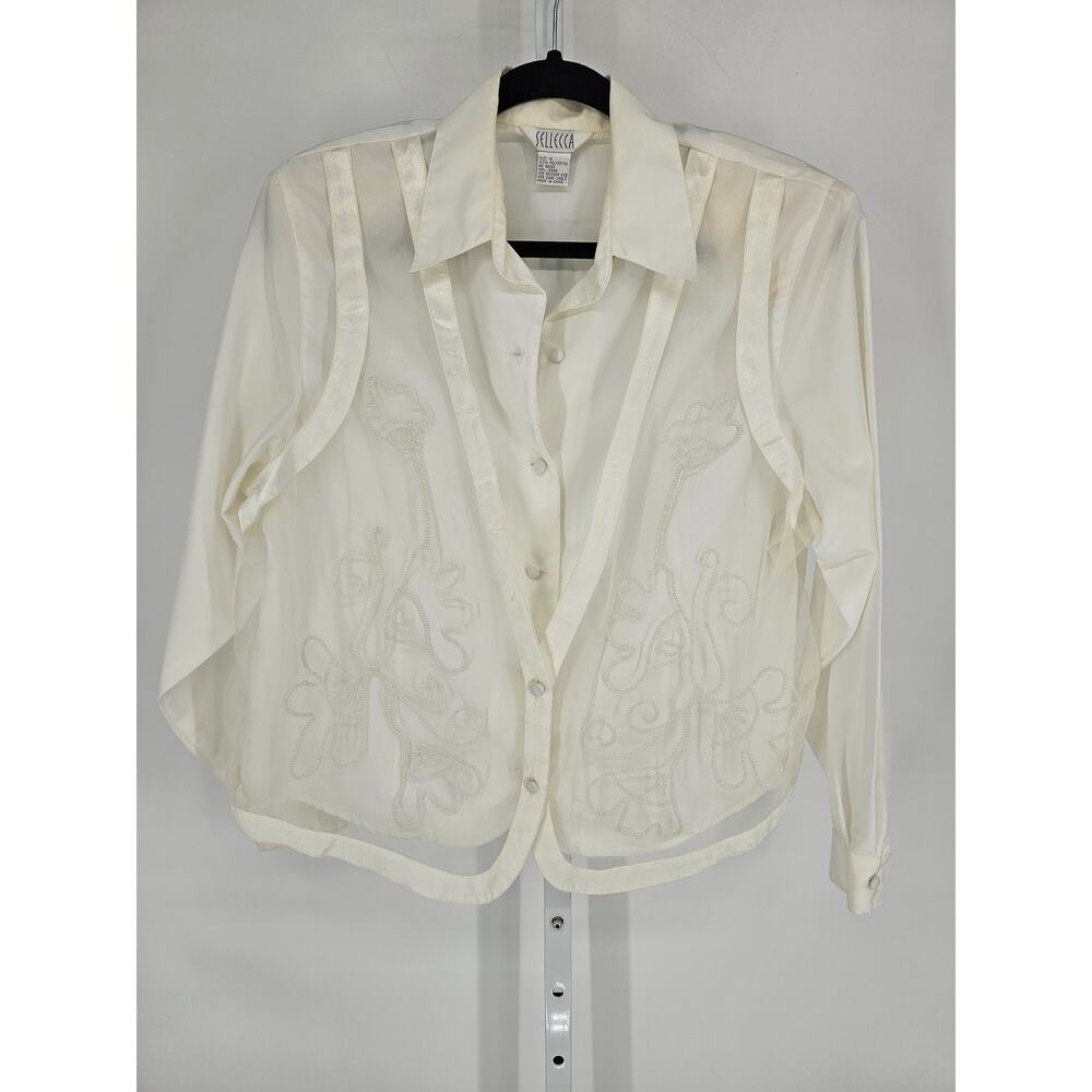 VTG 1990s Sellecca Womens Sz 14 Long Sleeve Dress Shirt Sheer Vest Combo Ivory